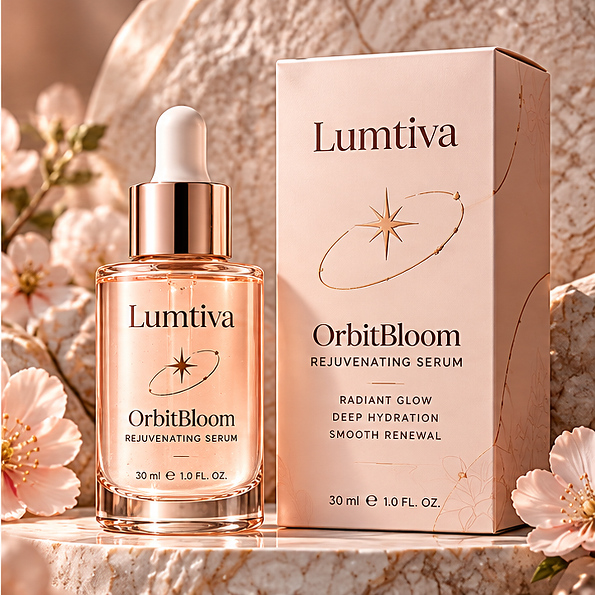 Lumtiva OrbitBloom Rejuvenating Serum – packaging concept view