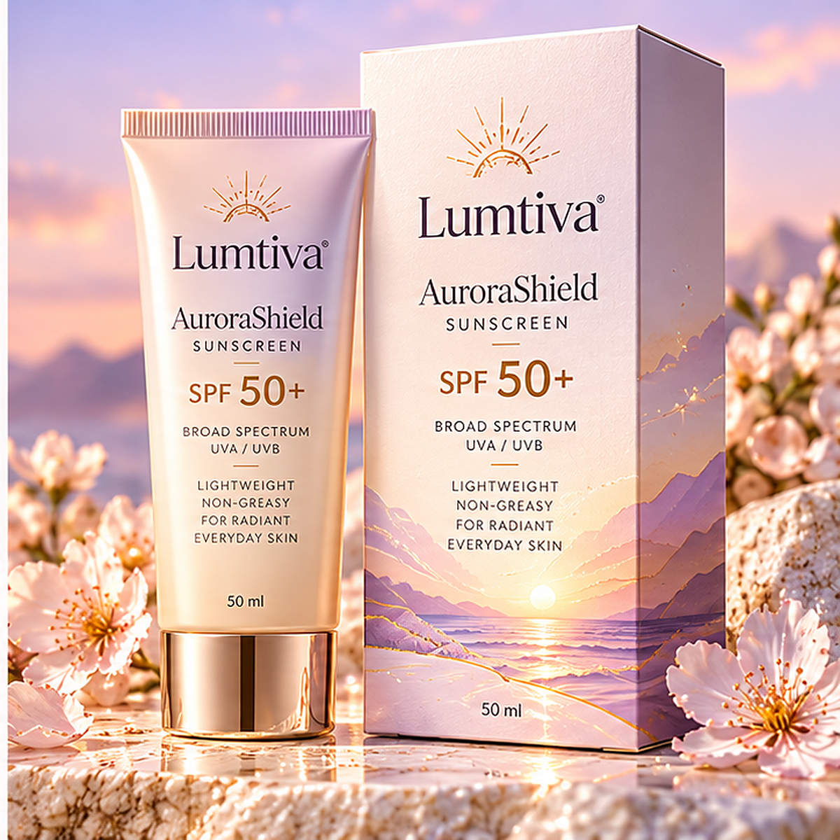 Lumtiva AuroraShield Sunscreen SPF50+ – packaging concept view